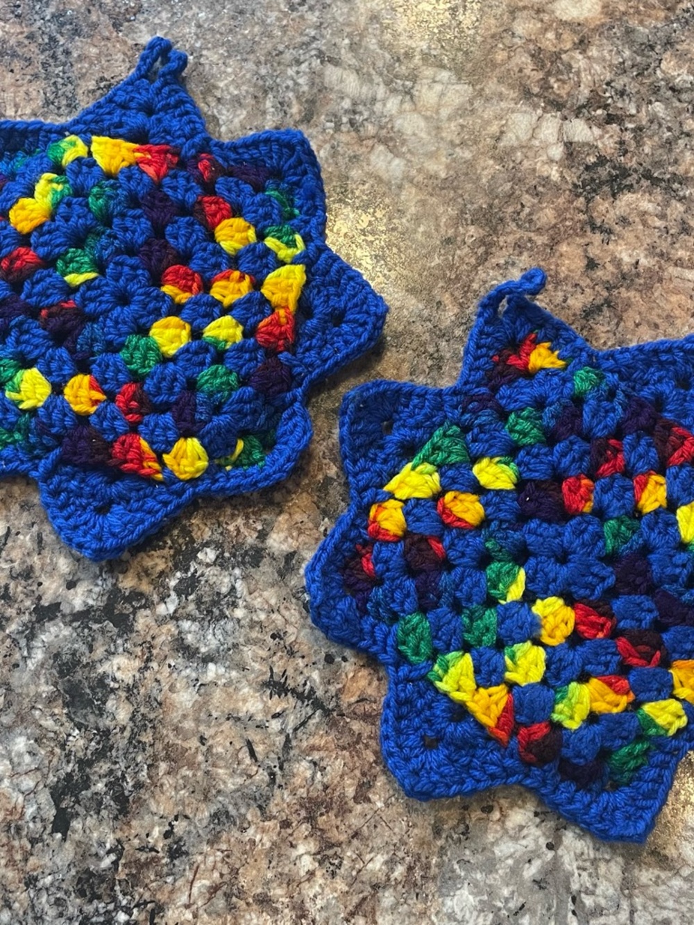 Handmade Blue Star Crochet pot holders with Multicolor Center